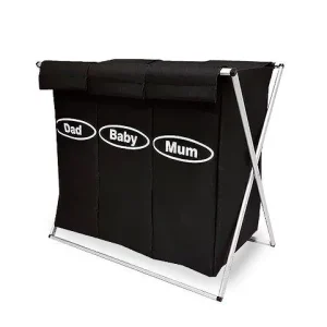 Grand Panier à Linge 3 Compartiments Noir & Couvercle