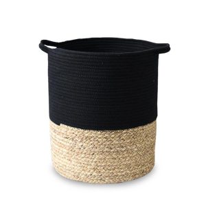Panier à Linge Tressé Noir Coton et fibre de Rotin